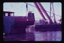 launching 86' trawler, stem